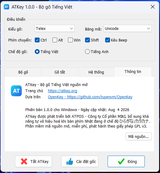 Tab Thông tin của ATKey, hiển thị atkey.org và liên kết tới mã nguồn OpenKey