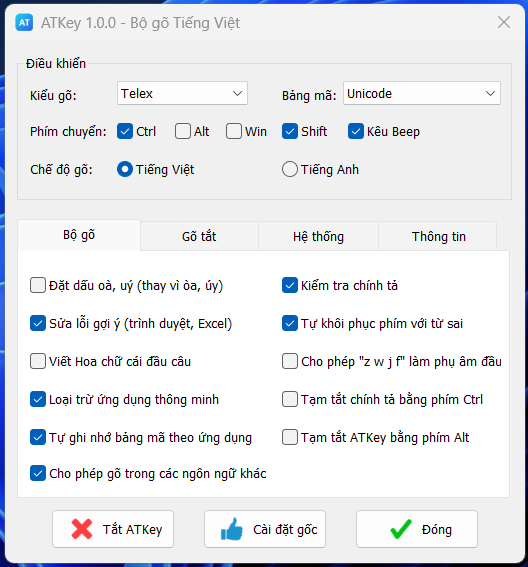 Bảng điều khiển ATKey: kiểu gõ Telex, bảng mã Unicode, phím chuyển Ctrl và Shift