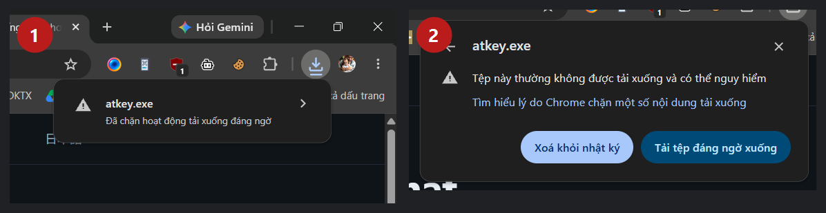 Chrome chặn tải xuống: bấm mũi tên ở thông báo rồi bấm Tải tệp đáng ngờ xuống