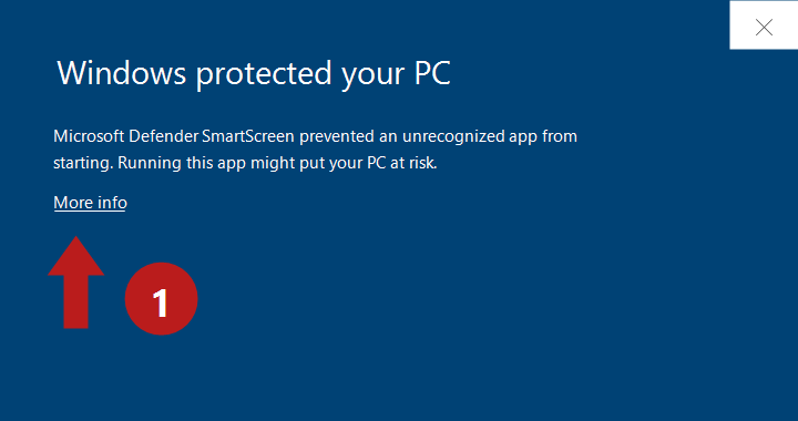 Hộp thoại SmartScreen, mũi tên đỏ số 1 chỉ vào liên kết More info