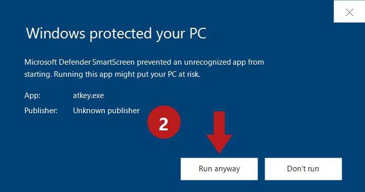 Hộp thoại SmartScreen mở rộng, mũi tên đỏ số 2 chỉ vào nút Run anyway